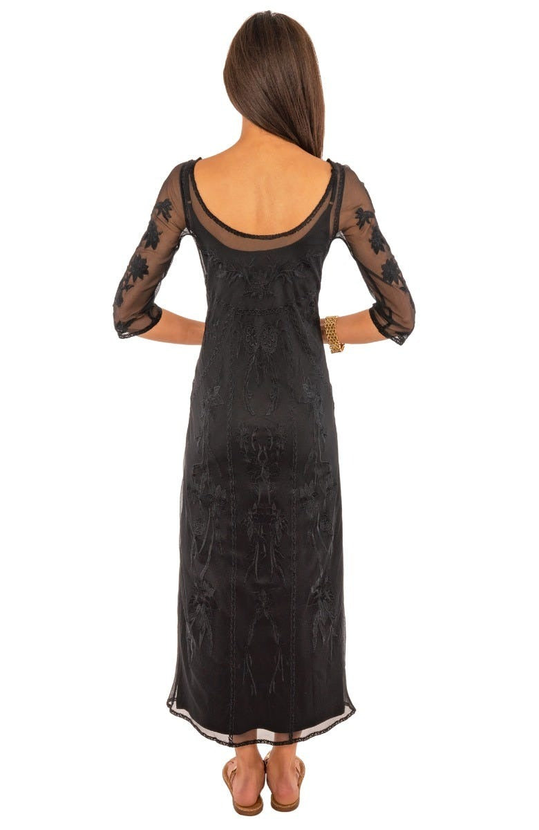 Mesh Embroidered Midi/Maxi Dress with Slip - Ikebana Black Black