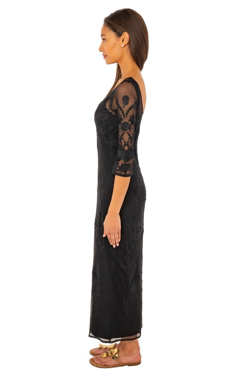 Mesh Embroidered Midi/Maxi Dress with Slip - Ikebana Black Black