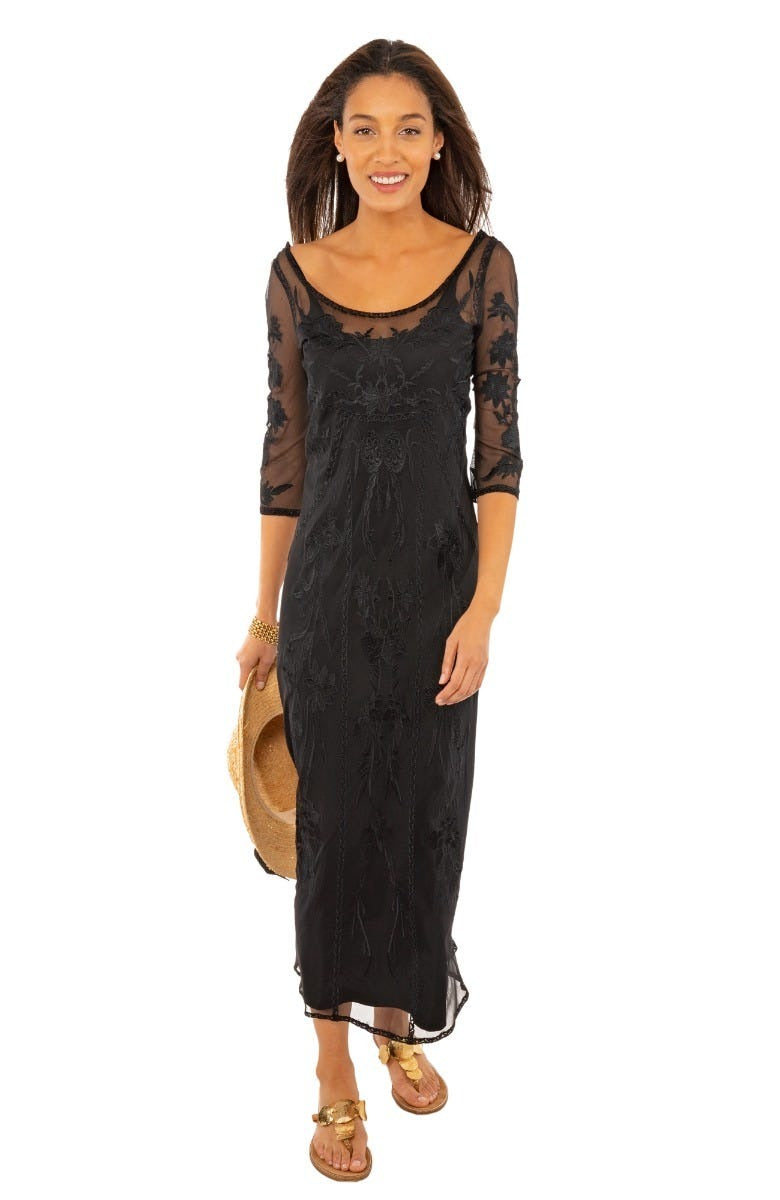 Mesh Embroidered Midi/Maxi Dress with Slip - Ikebana Black Black