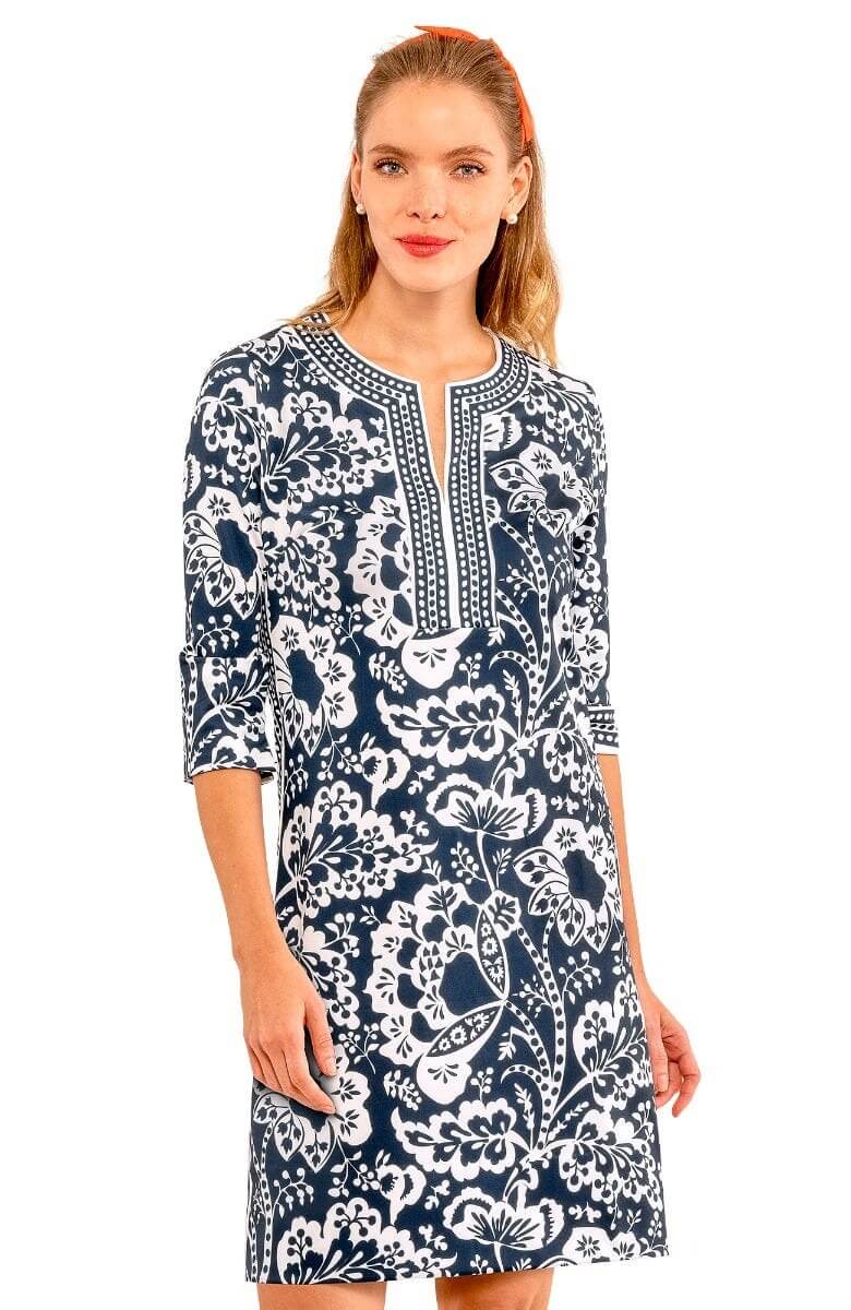 Split Neck Dress - Flora Navy