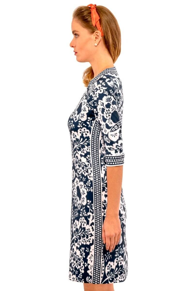 Split Neck Dress - Flora Navy