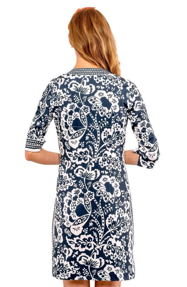 Split Neck Dress - Flora Navy