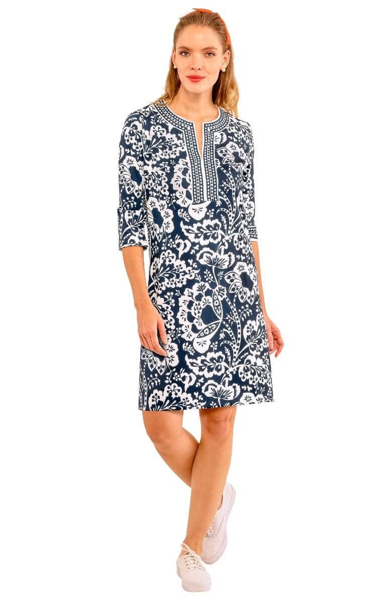 Split Neck Dress - Flora Navy