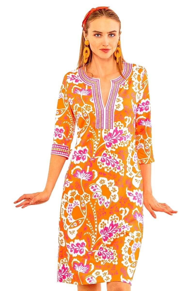 Split Neck Dress - Flora Orange Pink