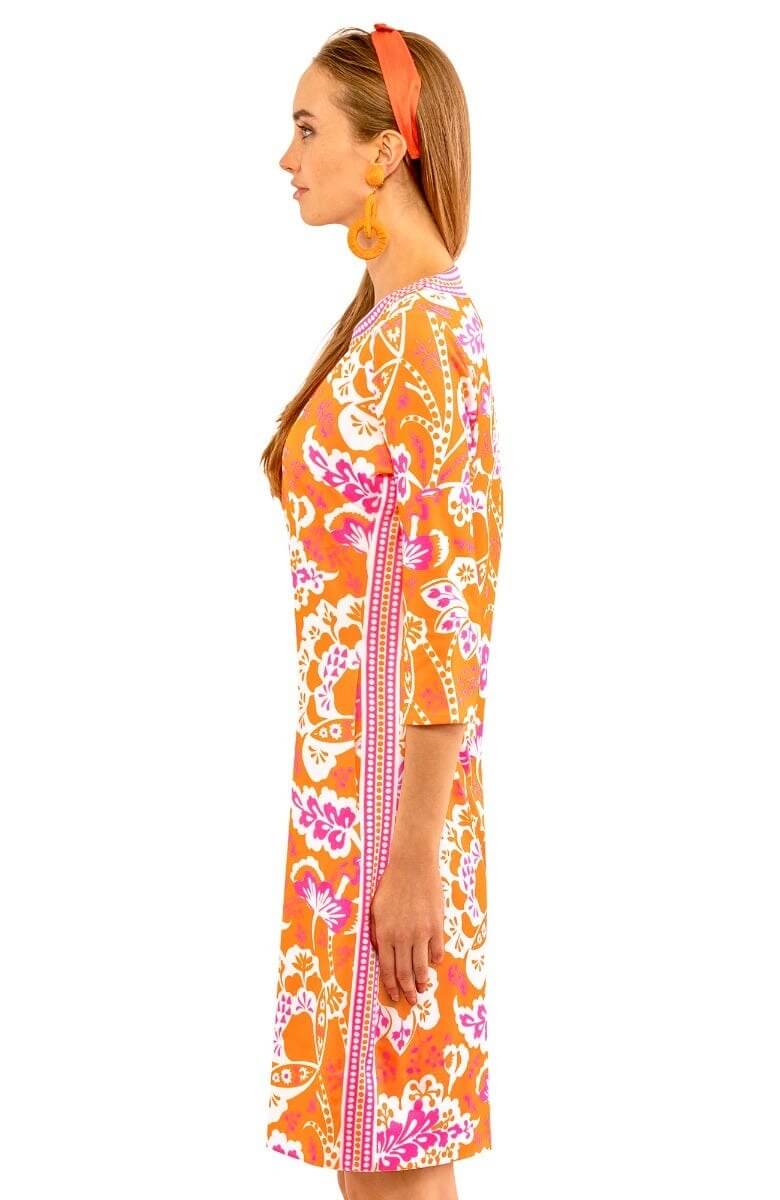 Split Neck Dress - Flora Orange Pink