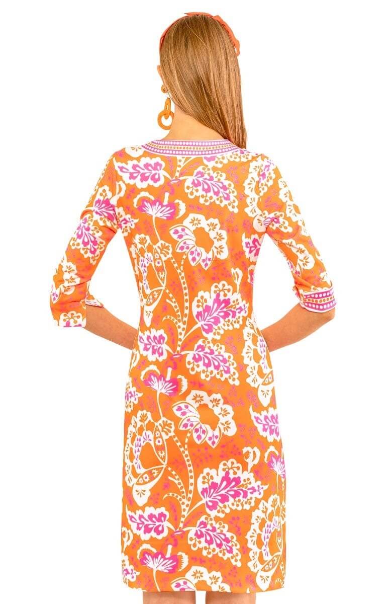 Split Neck Dress - Flora Orange Pink