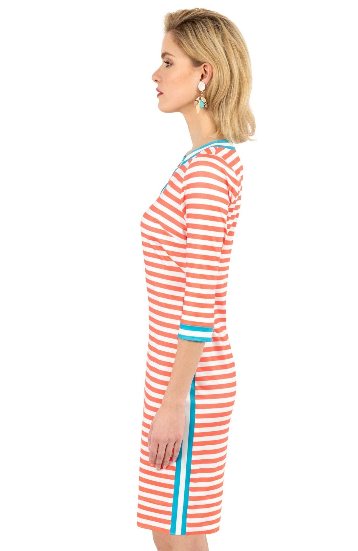 Jersey Split Neck Dress - The Hinckley - Final Sale Coral Turq