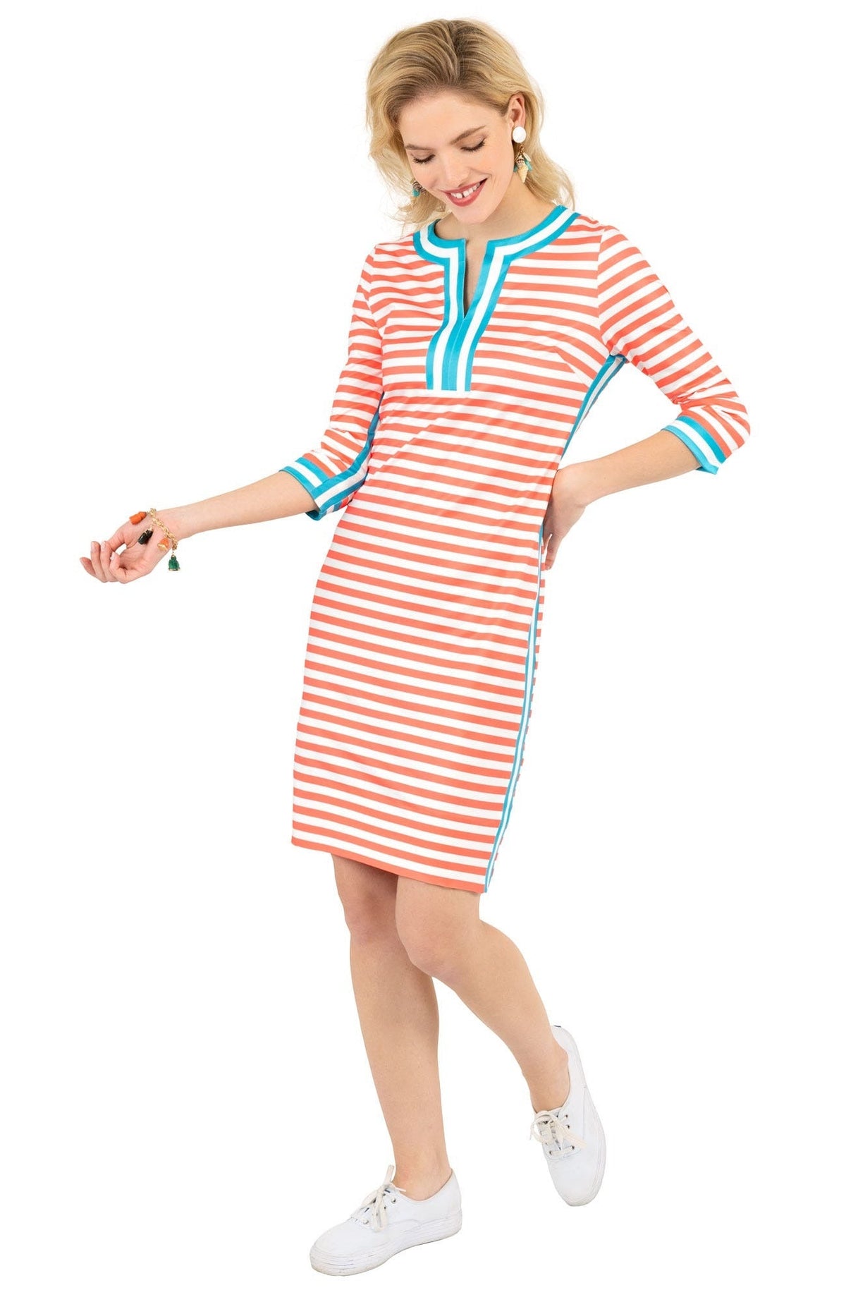 Jersey Split Neck Dress - The Hinckley - Final Sale Coral Turq