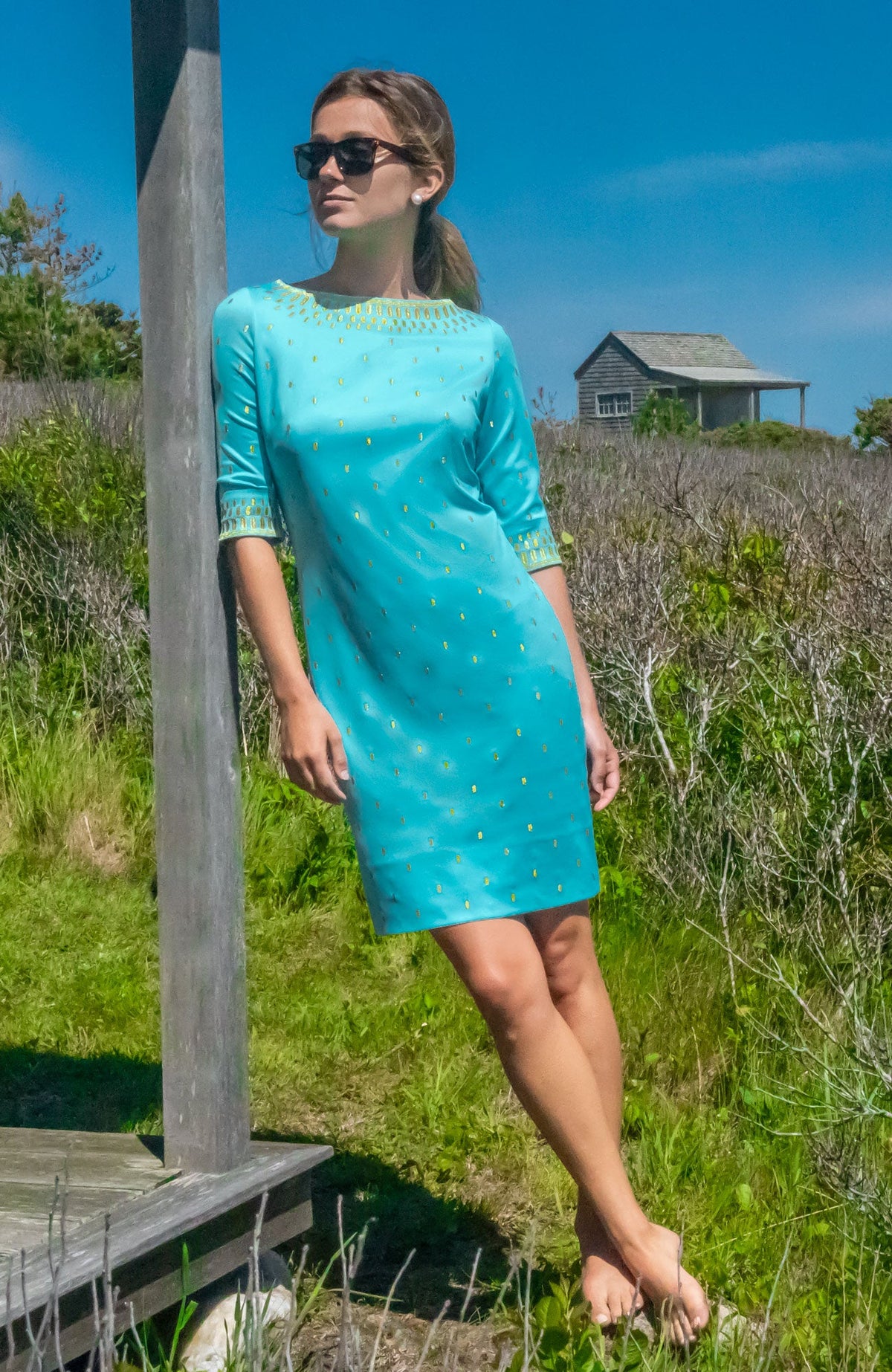 Jersey Embroidered Dress - Rocket Girl - Final Sale Turq Gold