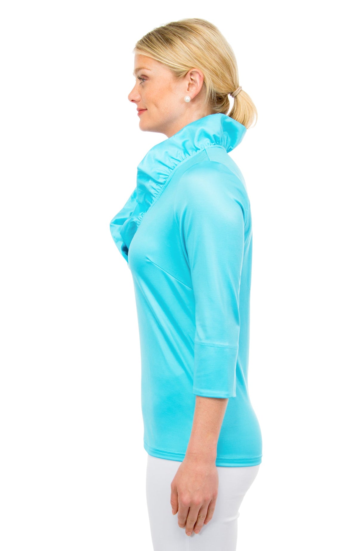 Jersey Ruffneck 3/4 Sleeve Top - Solid Turquoise
