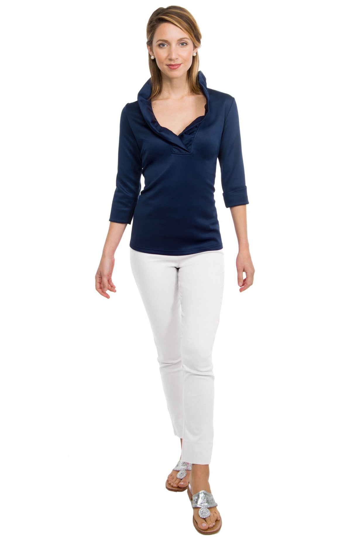 Jersey Ruffneck 3/4 Sleeve Top - Solid Navy