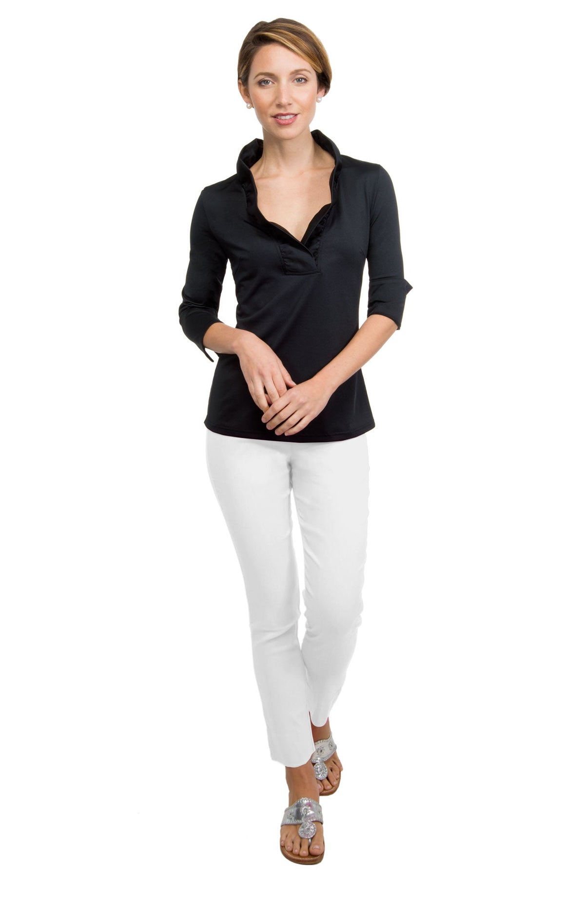 Jersey Ruffneck 3/4 Sleeve Top - Solid Black