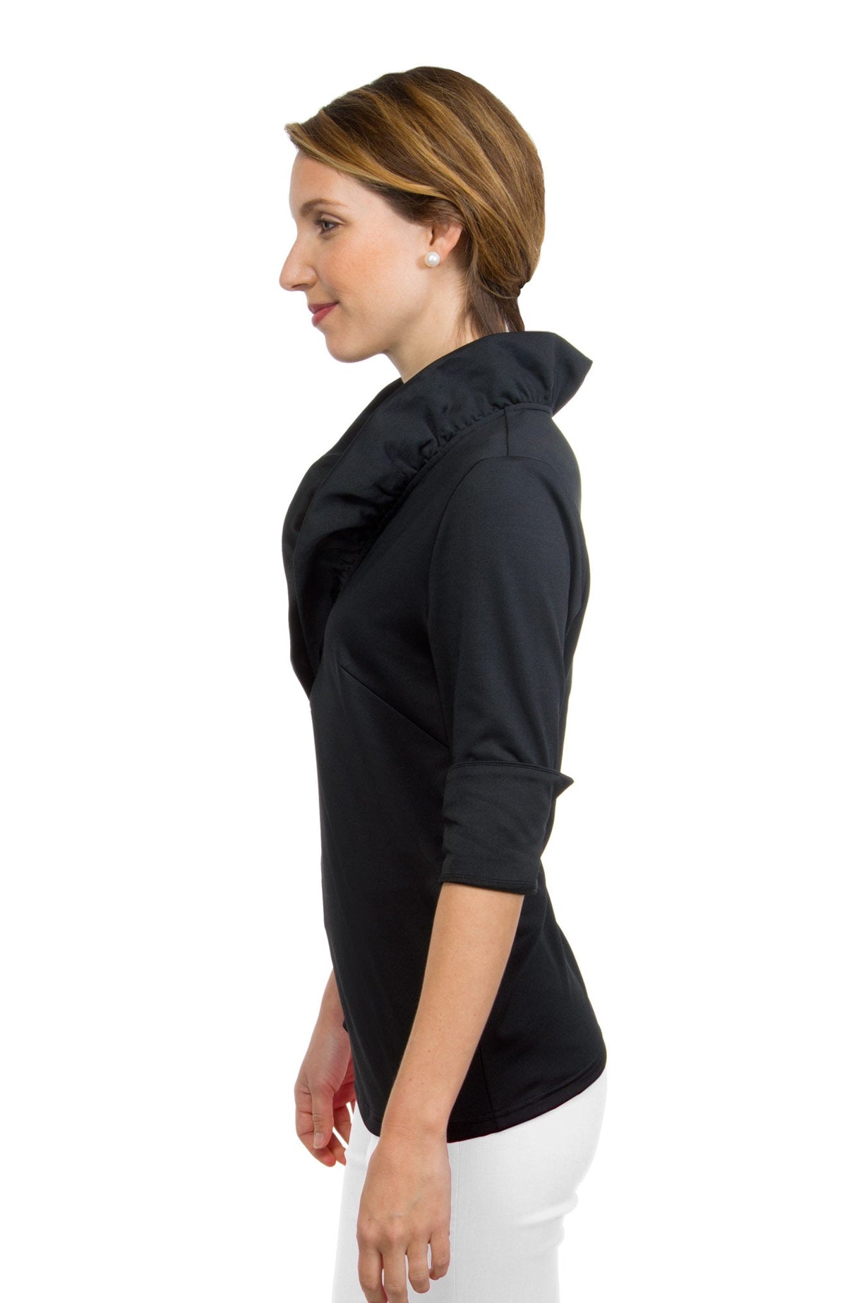 Jersey Ruffneck 3/4 Sleeve Top - Solid Black
