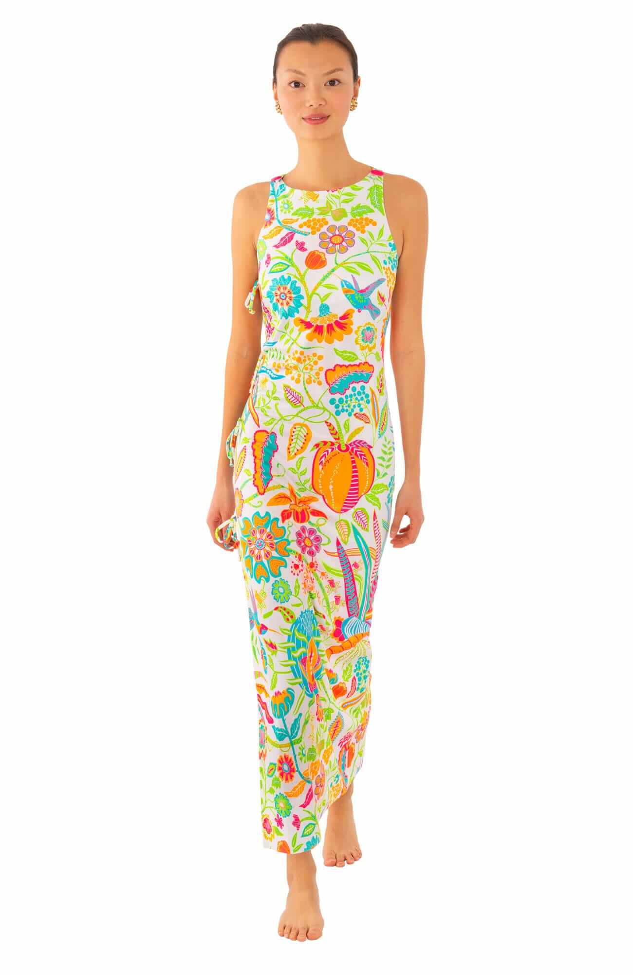 Jersey Side Tie Maxi Dress - Hummingbird Heaven Multi
