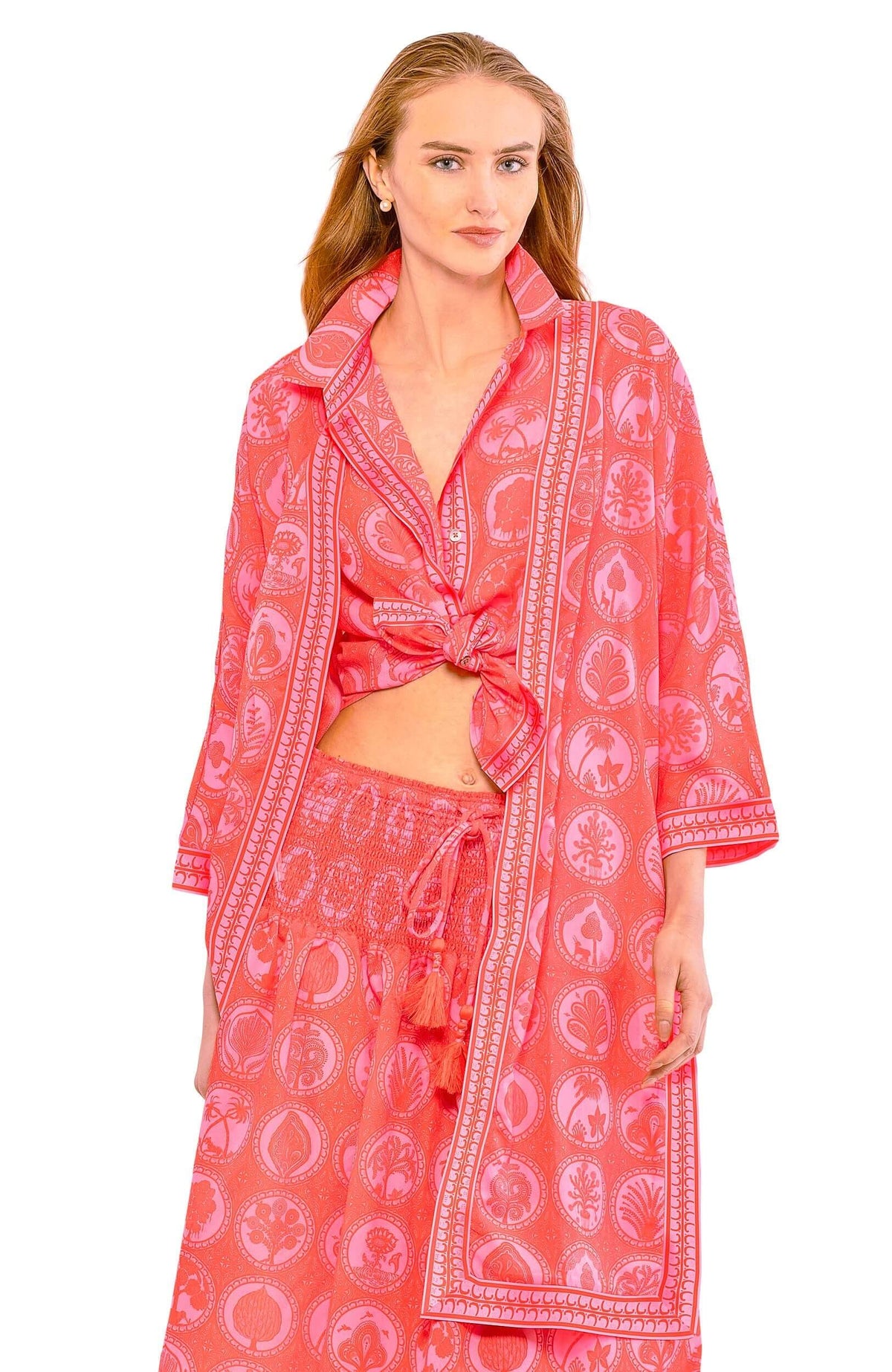 Poly Crepe Kimono - Circle of Love Pink Red