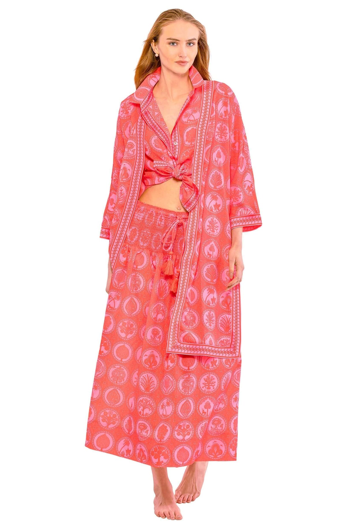 Poly Crepe Kimono - Circle of Love Pink Red