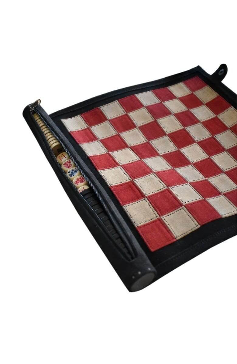 Leather Roll-Up Chess & Checkers Set with Poker Dice Black
