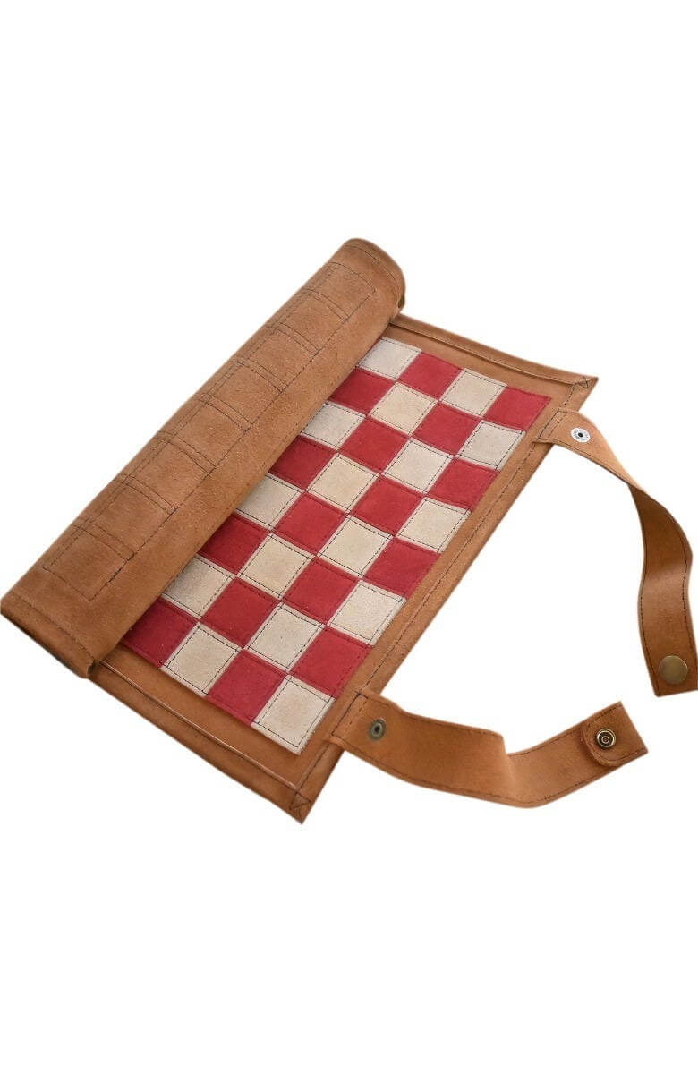 Leather Roll-Up Chess & Checkers Set with Poker Dice Tan