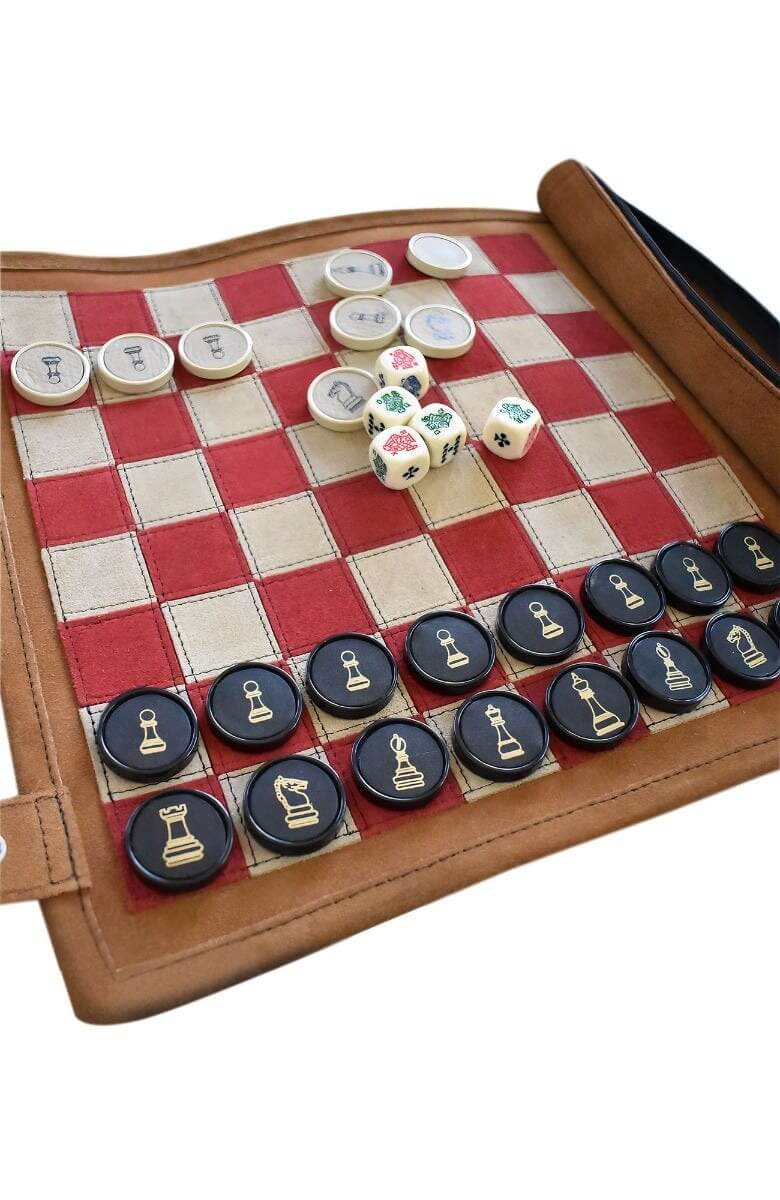 Leather Roll-Up Chess & Checkers Set with Poker Dice Tan