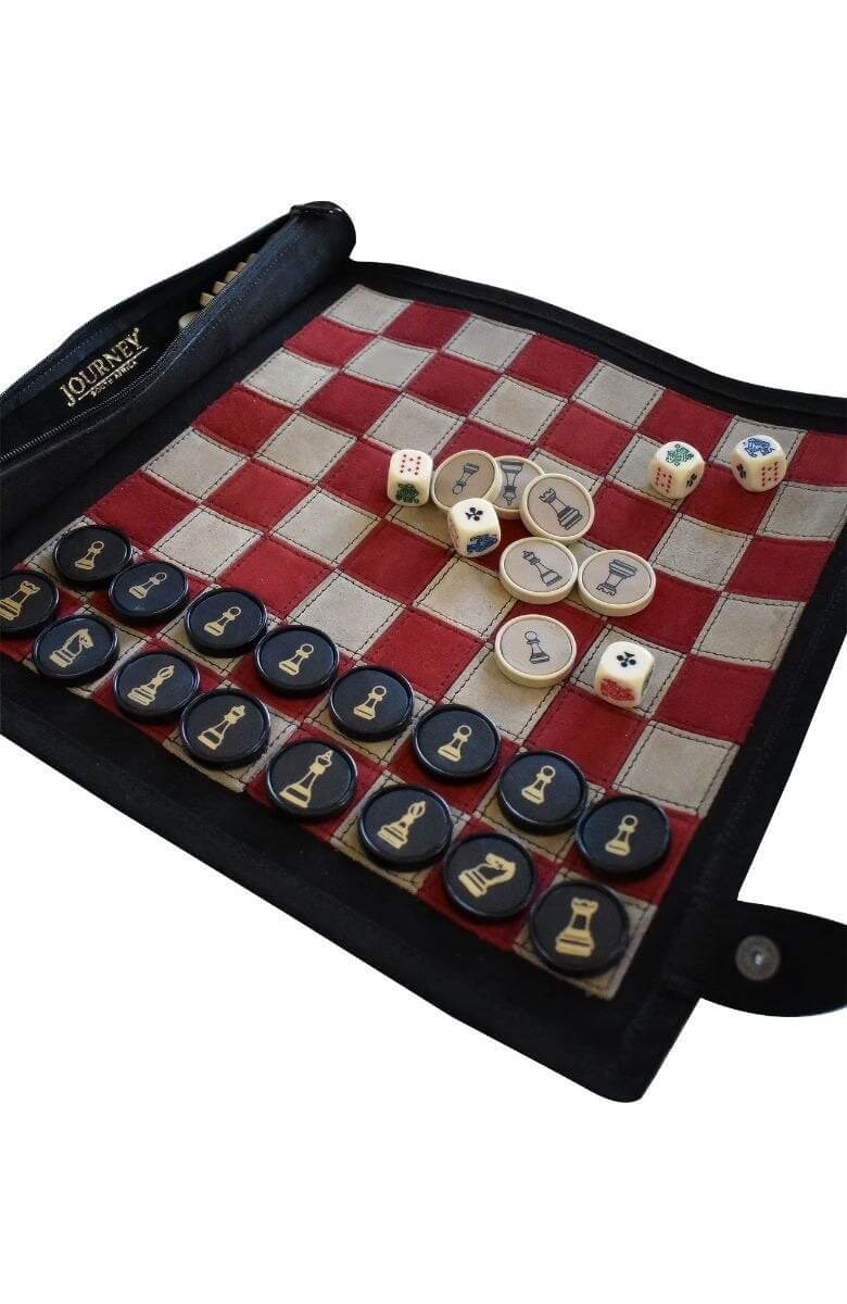 Leather Roll-Up Chess & Checkers Set with Poker Dice Black