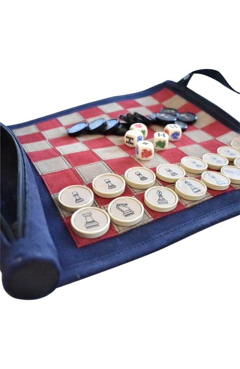 Leather Roll-Up Chess & Checkers Set with Poker Dice Royal
