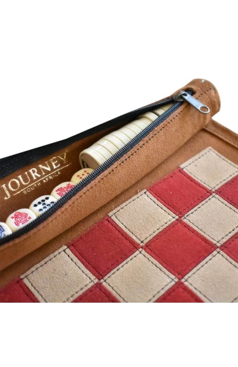 Leather Roll-Up Chess & Checkers Set with Poker Dice Tan