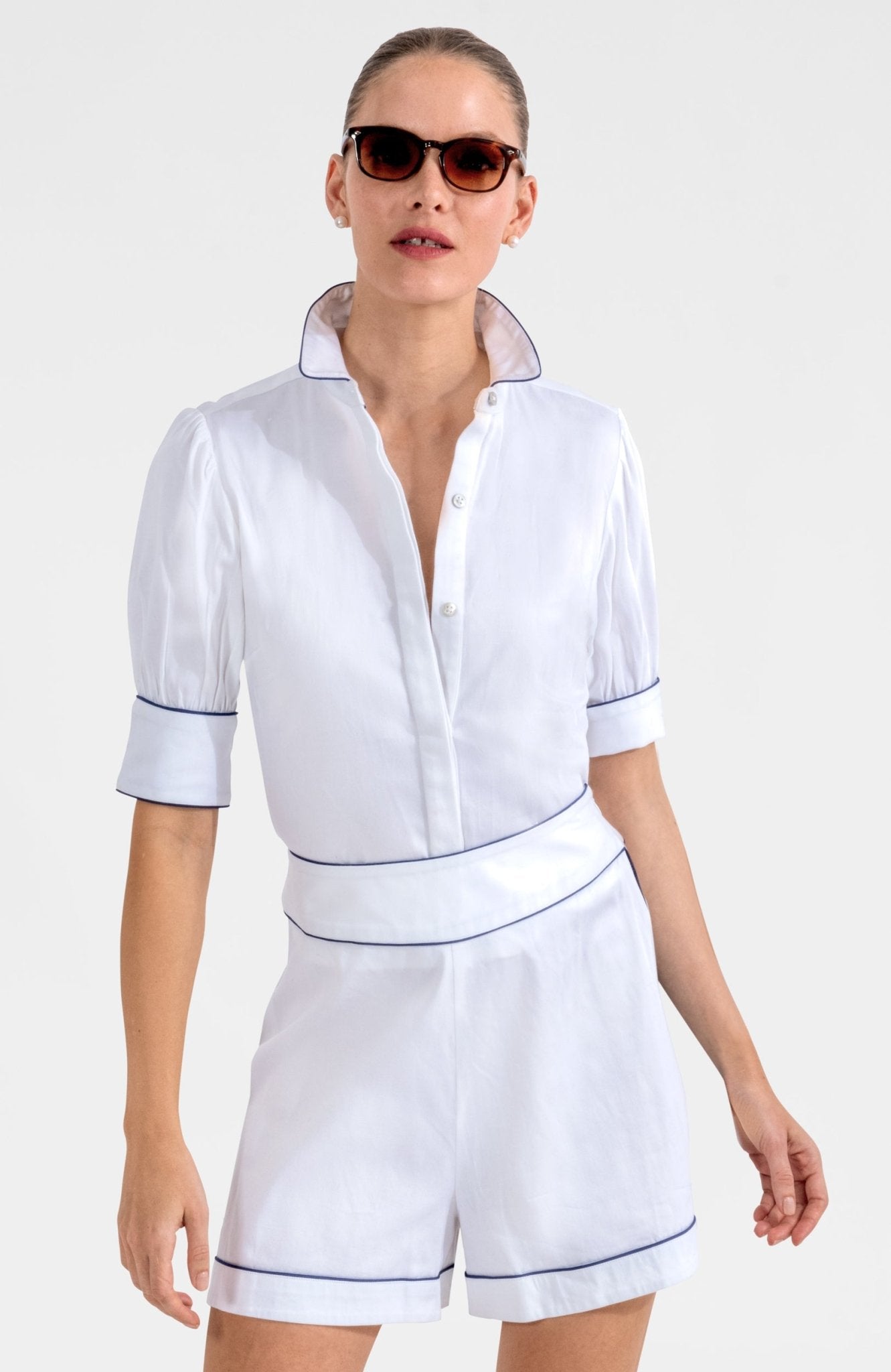 Pip Pip Piping Boyfriend Shirt - Solid White Navy