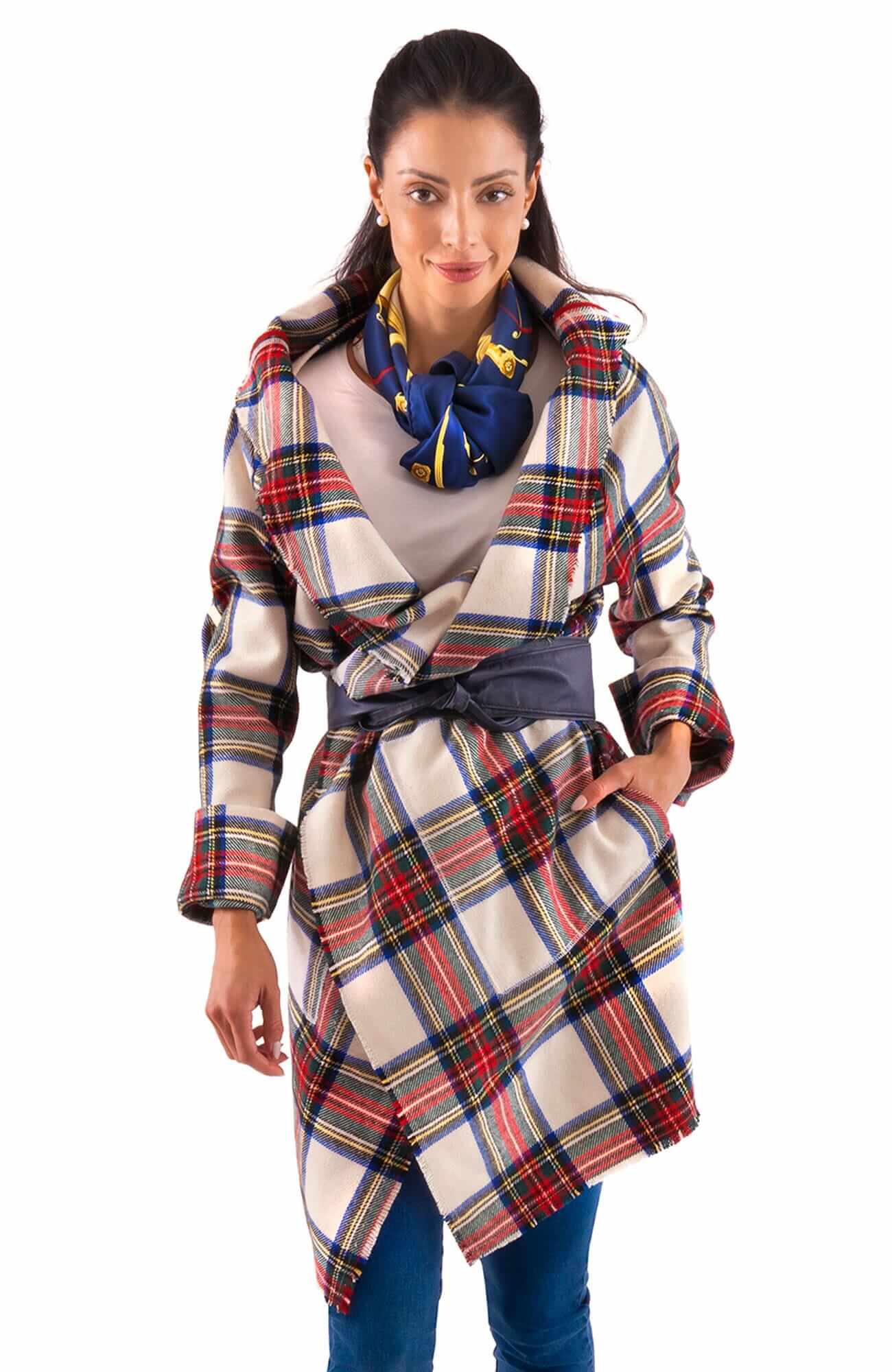 Plaid Wrap Coat With Shawl Collar - Duke Of York - Final Sale White Multi