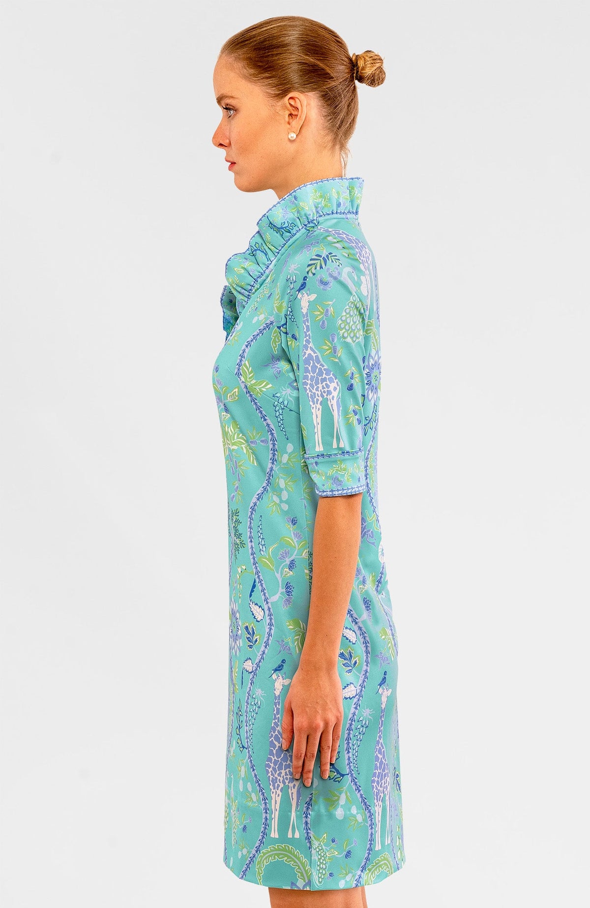 Ruffneck Dress - Jungle Symphony Turq White