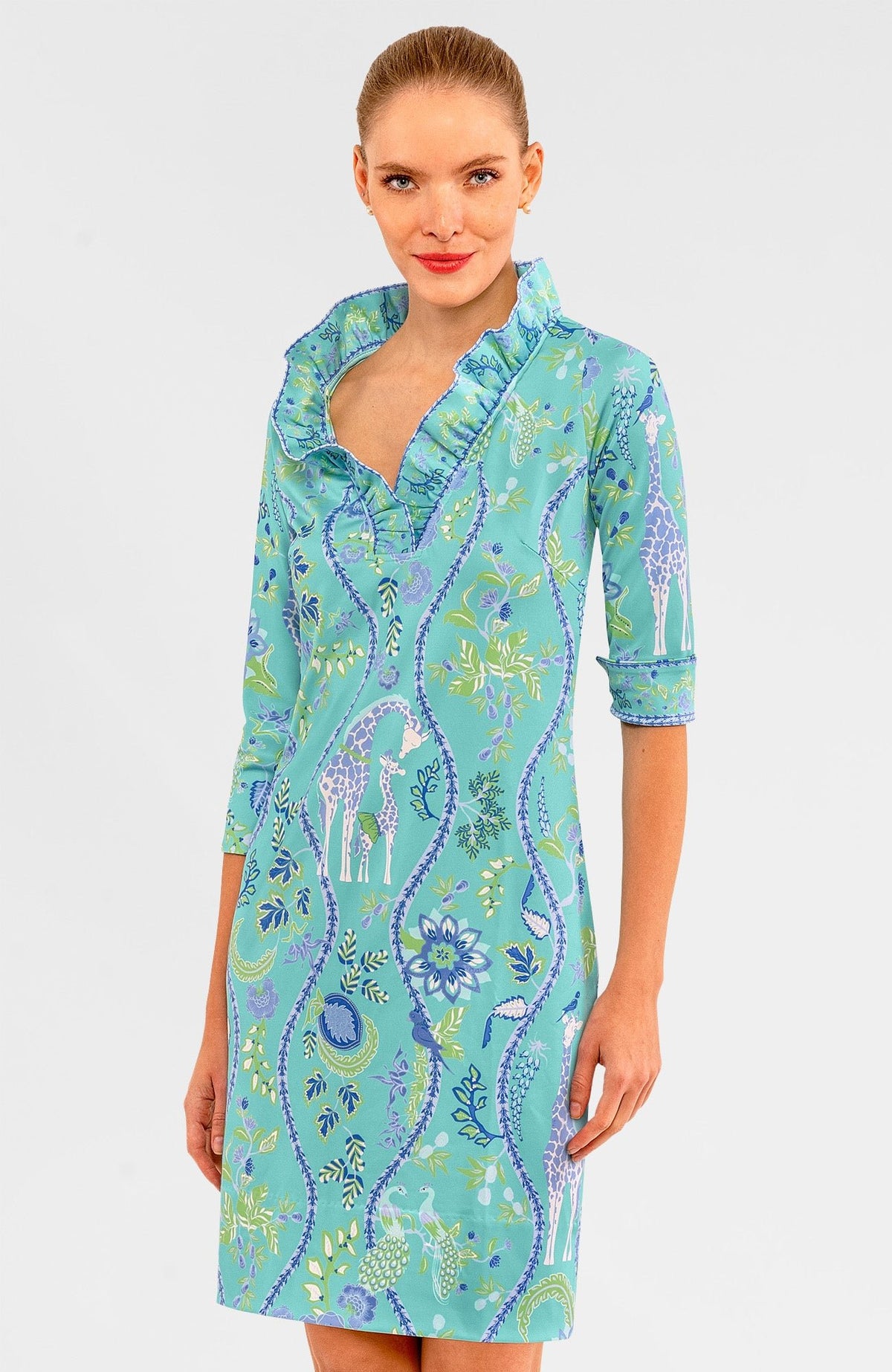 Ruffneck Dress - Jungle Symphony Turq White