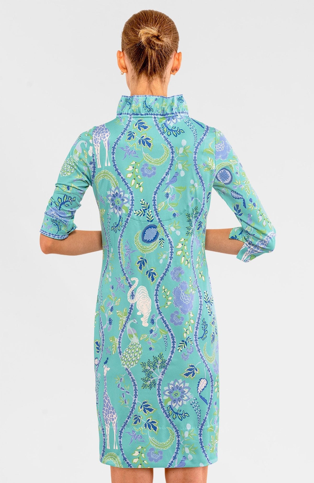 Ruffneck Dress - Jungle Symphony Turq White