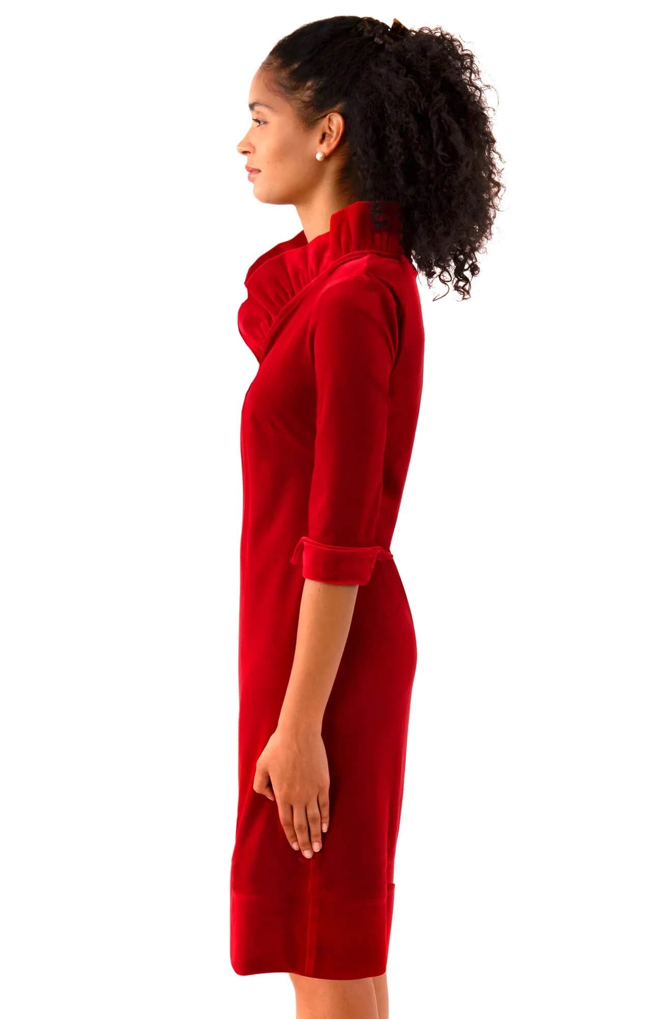red velvet turtleneck dress Red Velvet Backless Trumpet Gown With Snap Back Turtleneck and Cut Away Shoulders Split to Upper Thigh on Right Side