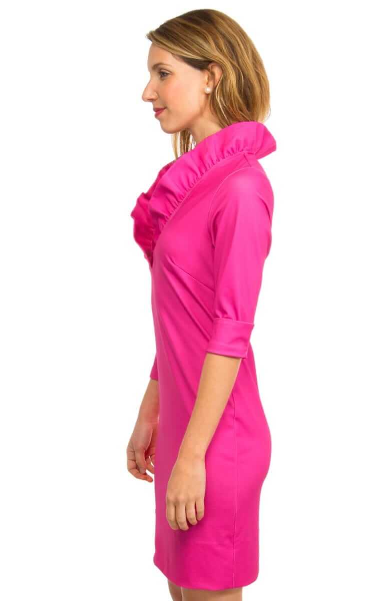 Ruffneck Dress - Solid Pink Green