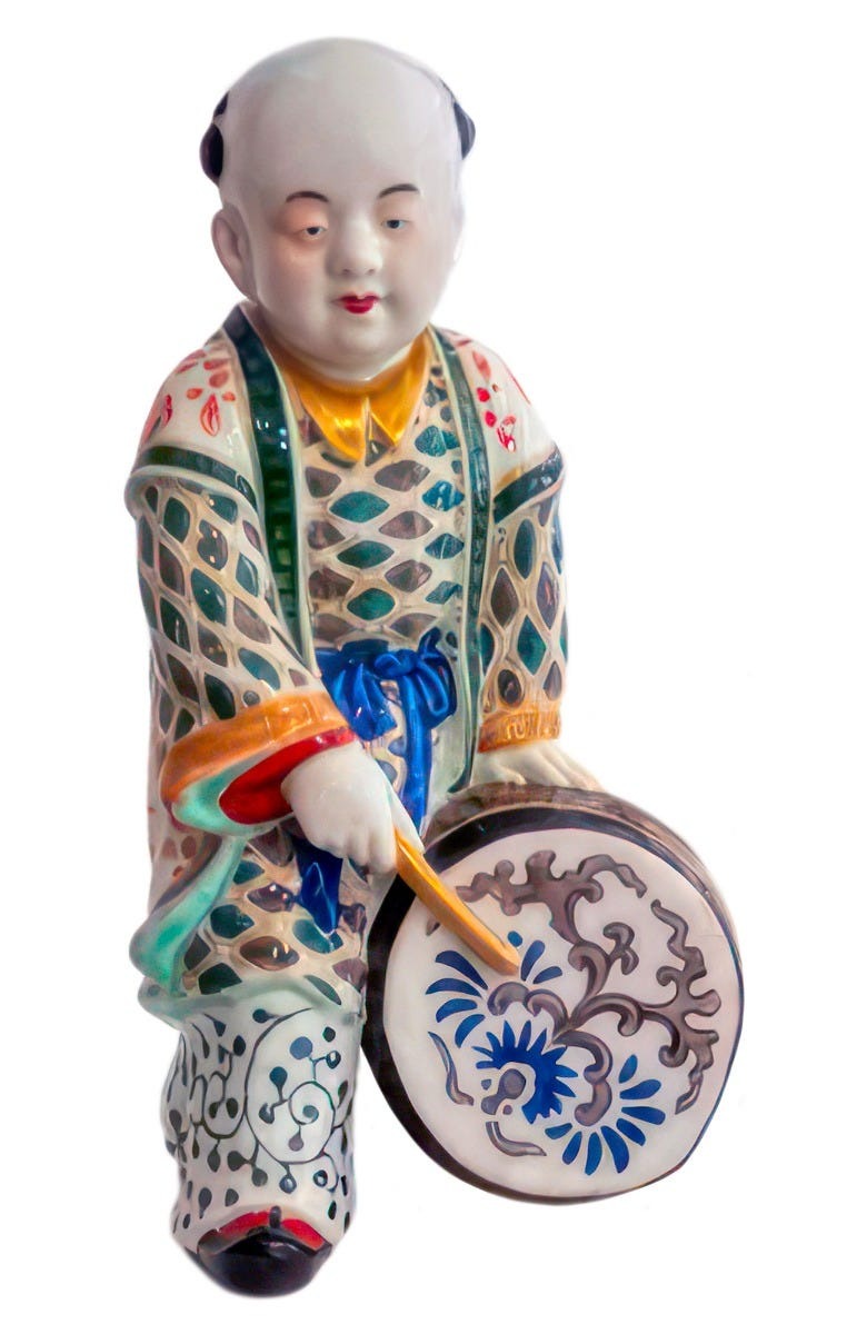 Chinese Porcelain Hand Painted Drummer Boy Periwink Orange One Size