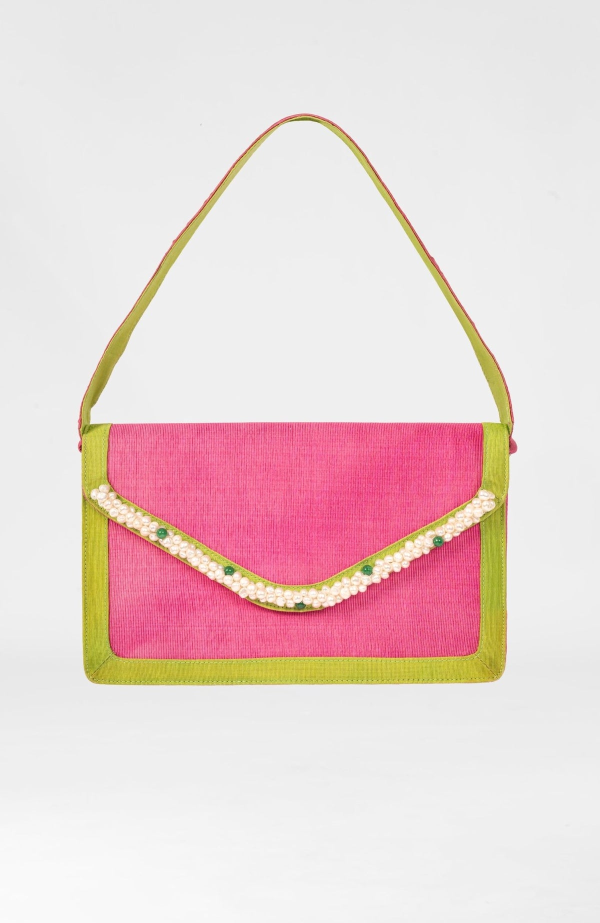 Shoulder Bag - Fresh Water Pearl Trimmed Pink Kelly One Size