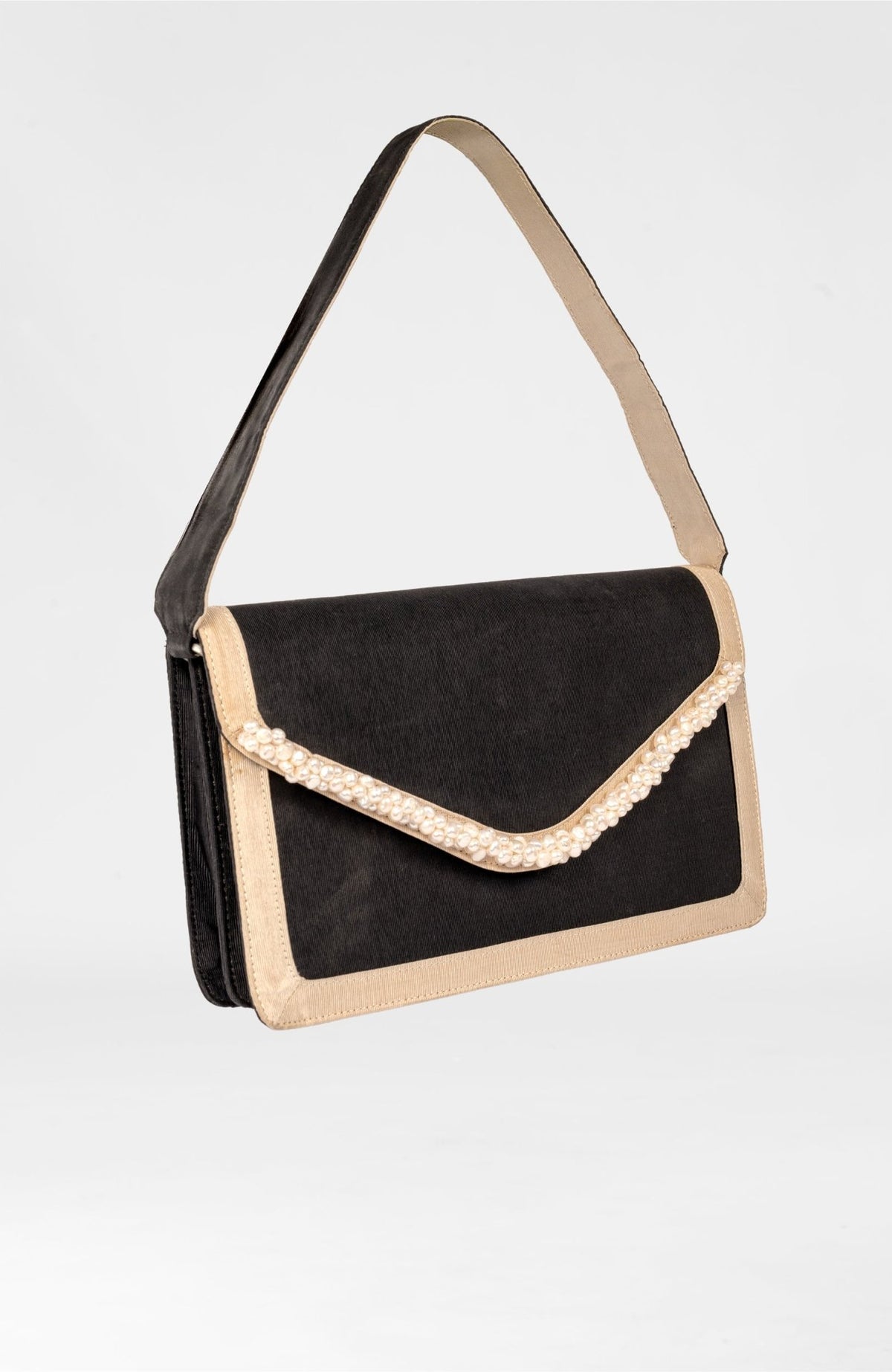 Shoulder Bag - Fresh Water Pearl Trimmed Black Khaki One Size
