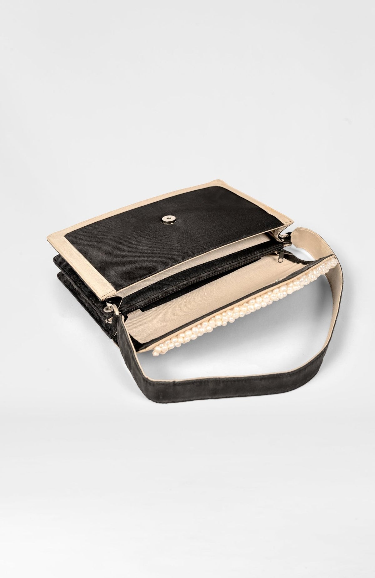 Shoulder Bag - Fresh Water Pearl Trimmed Black Khaki One Size