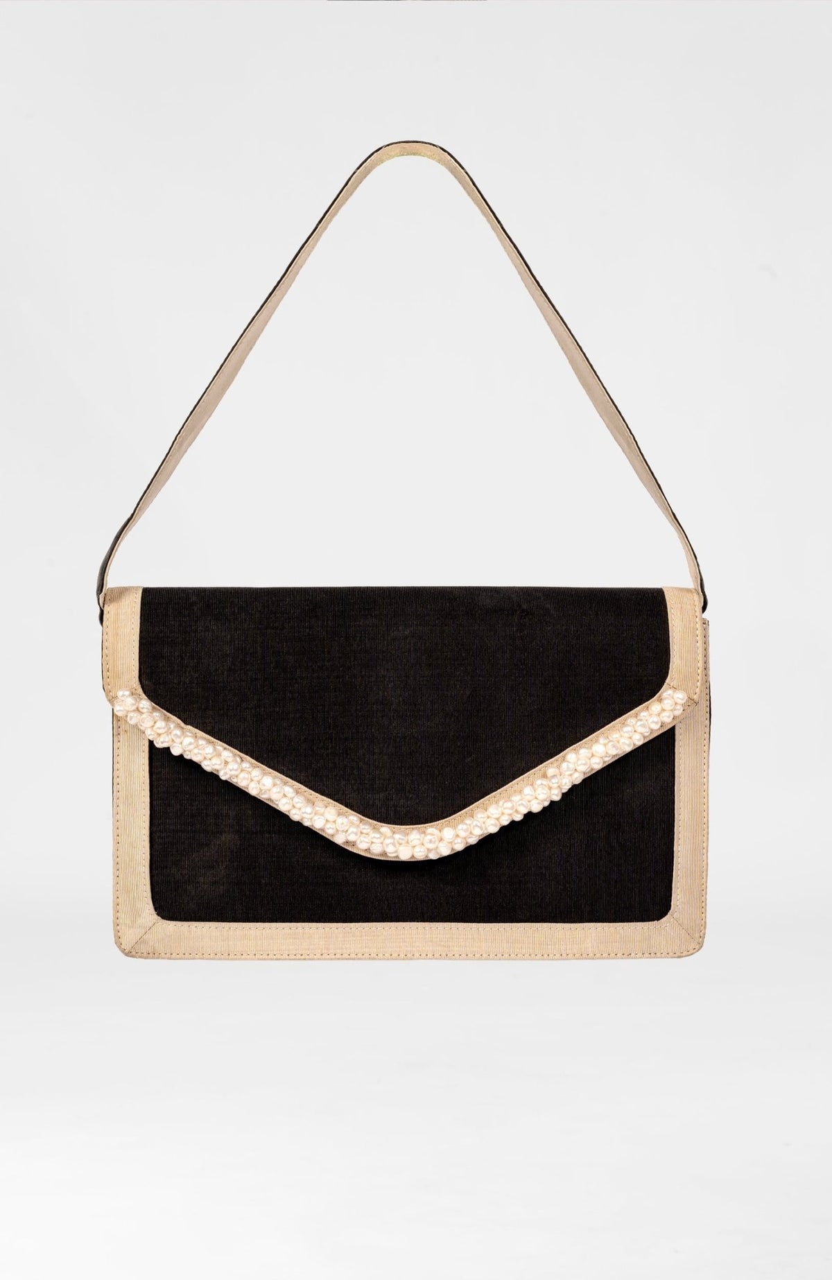 Shoulder Bag - Fresh Water Pearl Trimmed Black Khaki One Size
