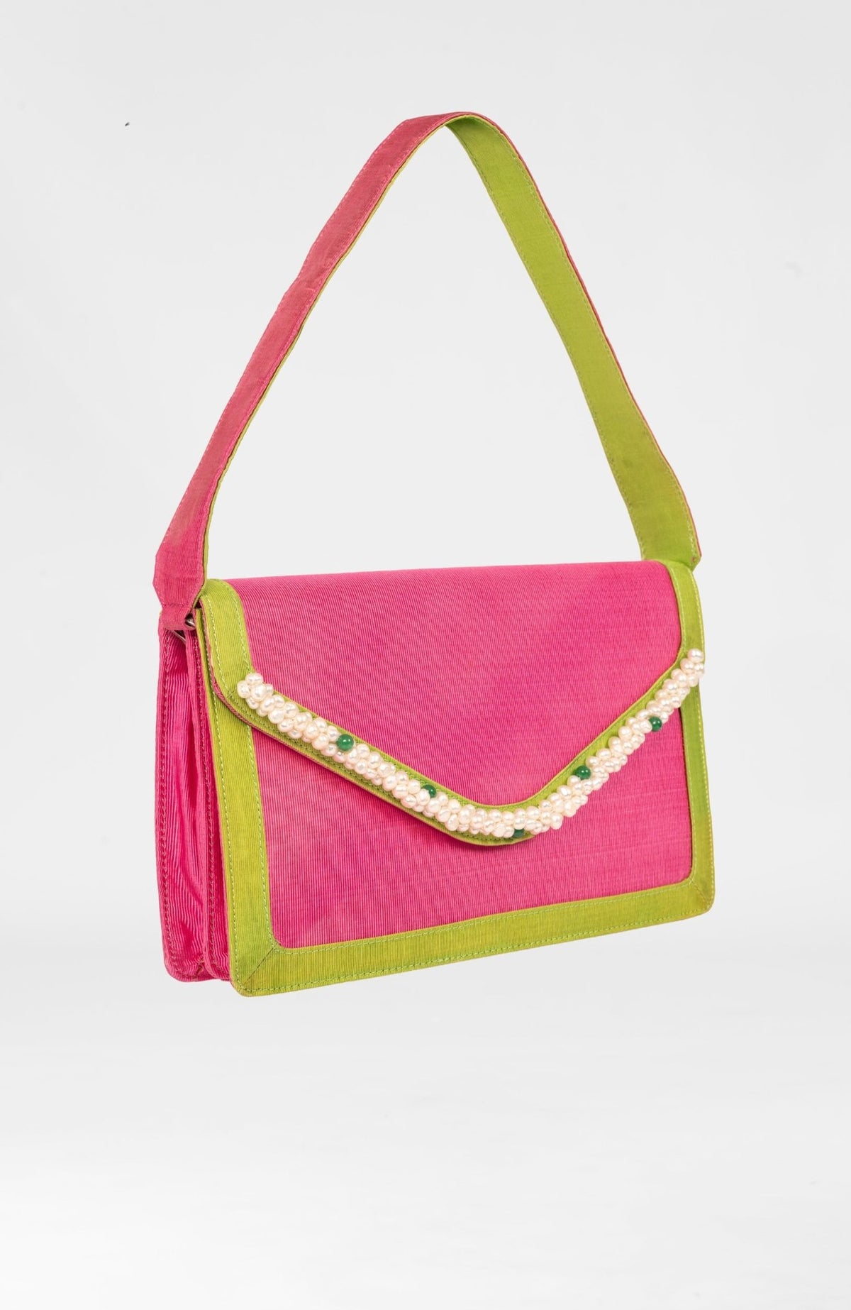 Shoulder Bag - Fresh Water Pearl Trimmed Pink Kelly One Size
