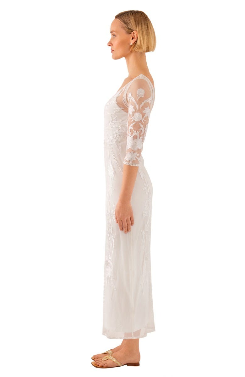 Mesh Embroidered Midi/Maxi Dress with Slip - Ikebana White White