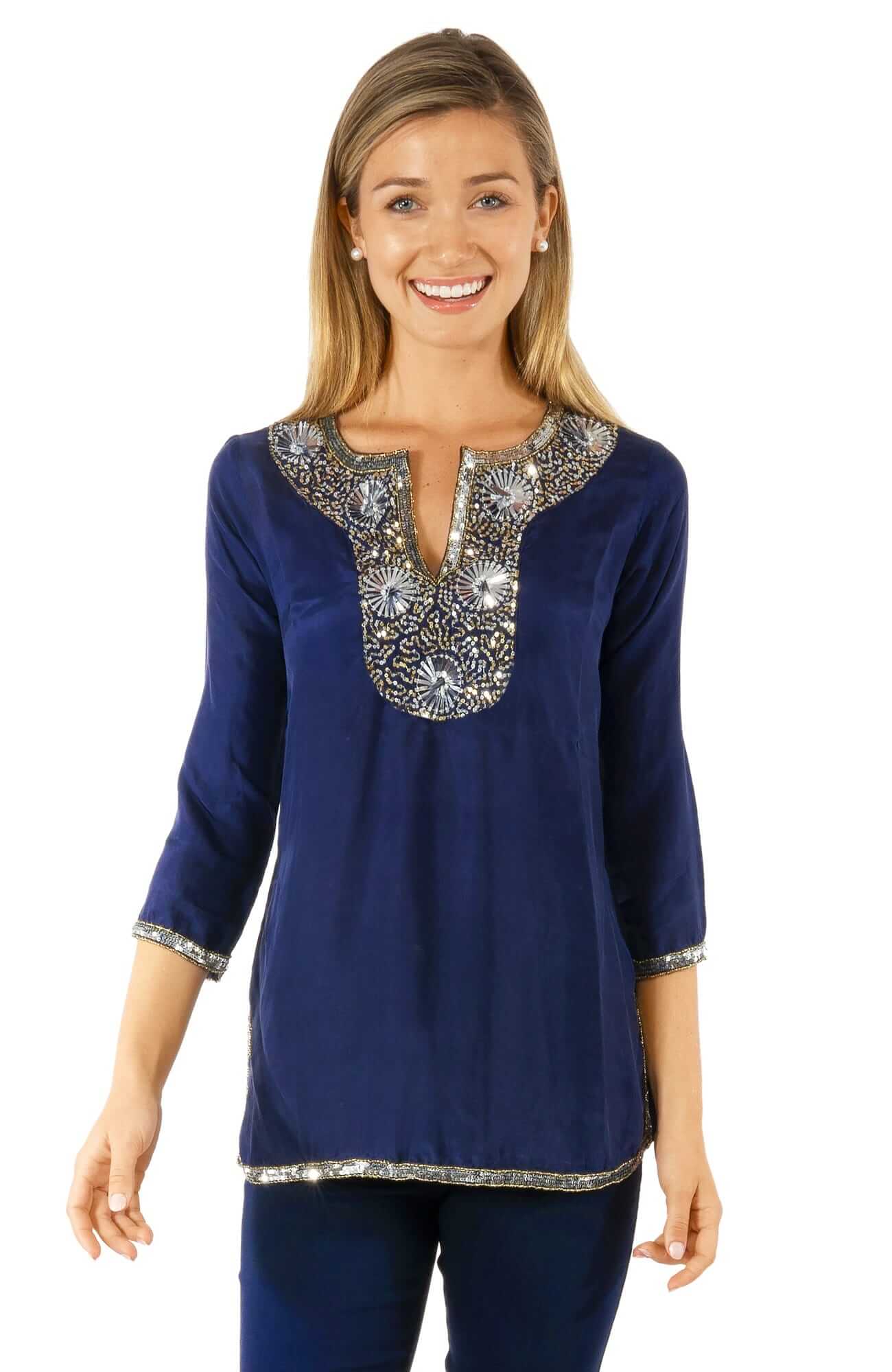 Silk Beaded Tunic - Starry Night Navy Silver