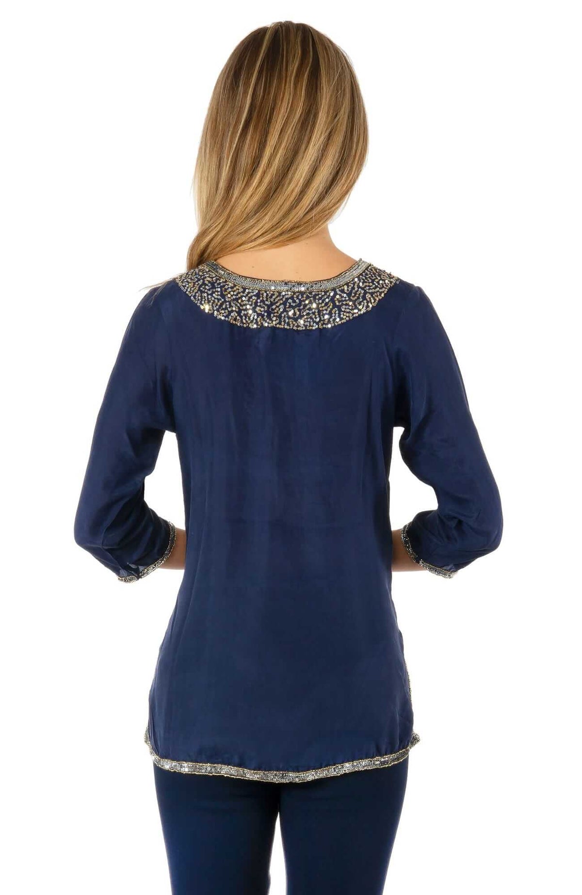 Silk Beaded Tunic - Starry Night Navy Silver