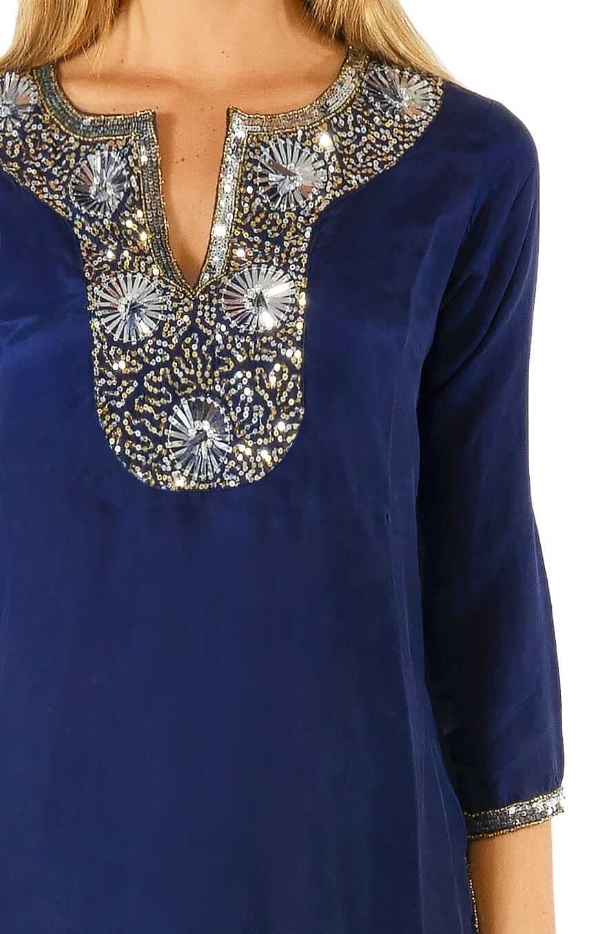 Silk Beaded Tunic - Starry Night Navy Silver