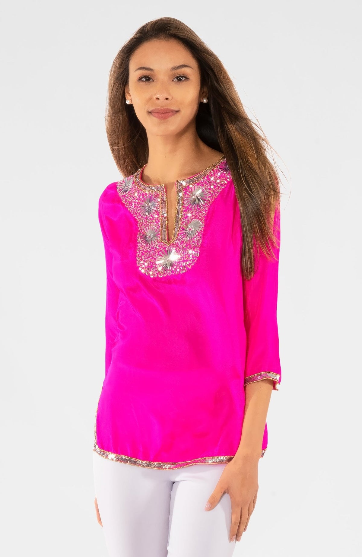 Silk Beaded Tunic - Starry Night - Final Sale Pink