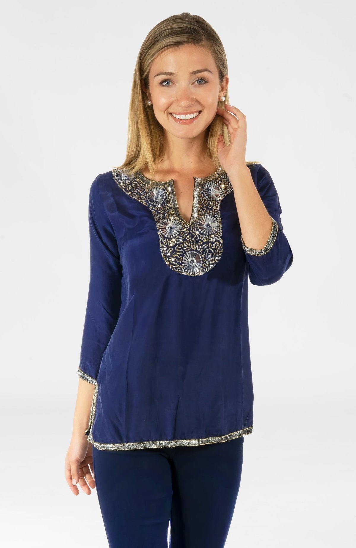 Silk Beaded Tunic - Starry Night - Final Sale Navy Silver