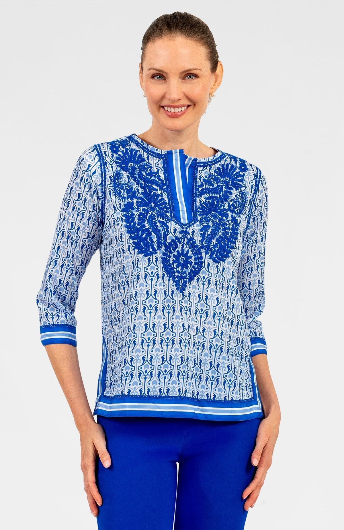Silk Embroidered Tunic - Smell The Roses Blues