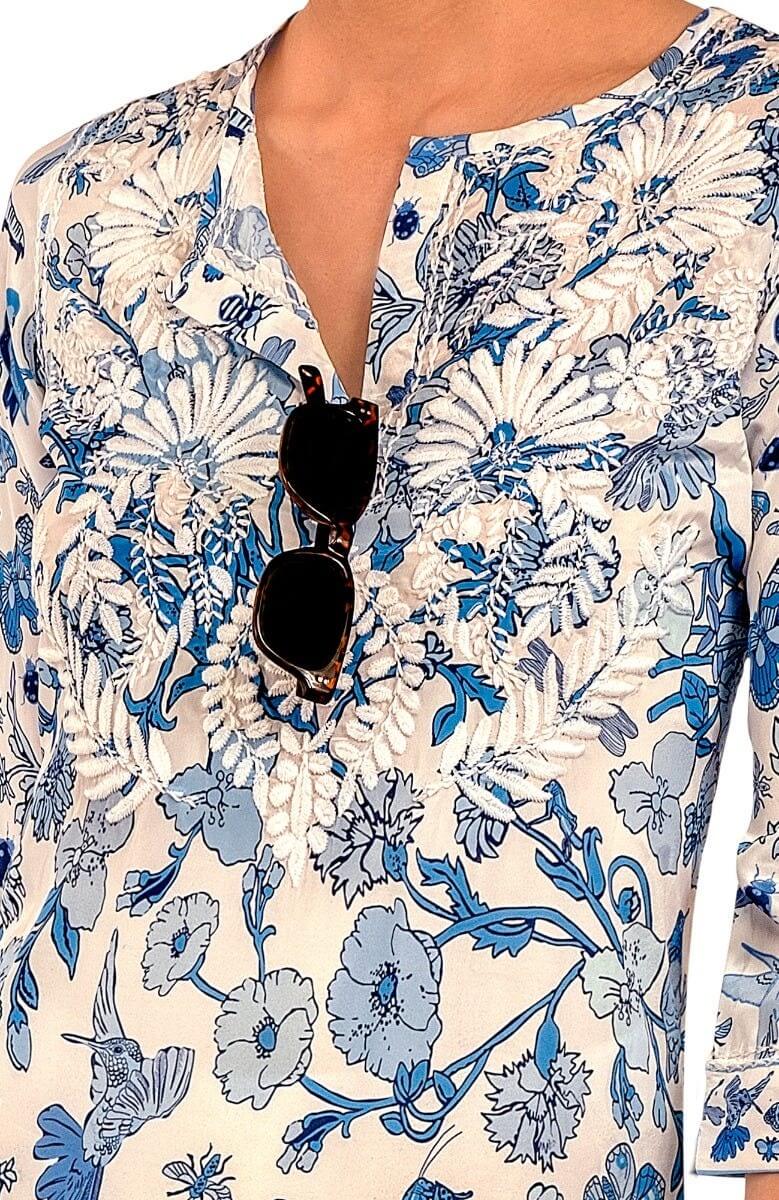 Silk Hand Embroidered Tunic - Birds & the Bees Blues