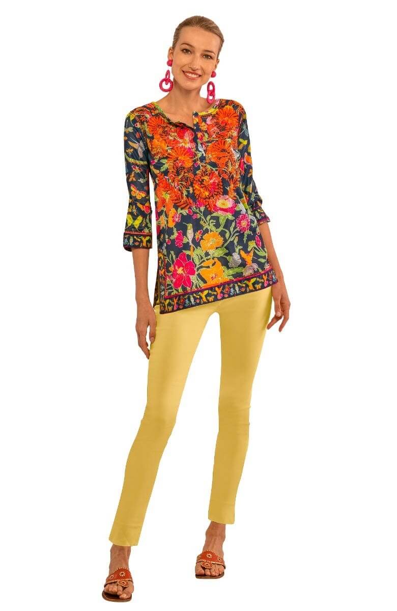 Silk Hand Embroidered Tunic - Birds & the Bees Navy Brights