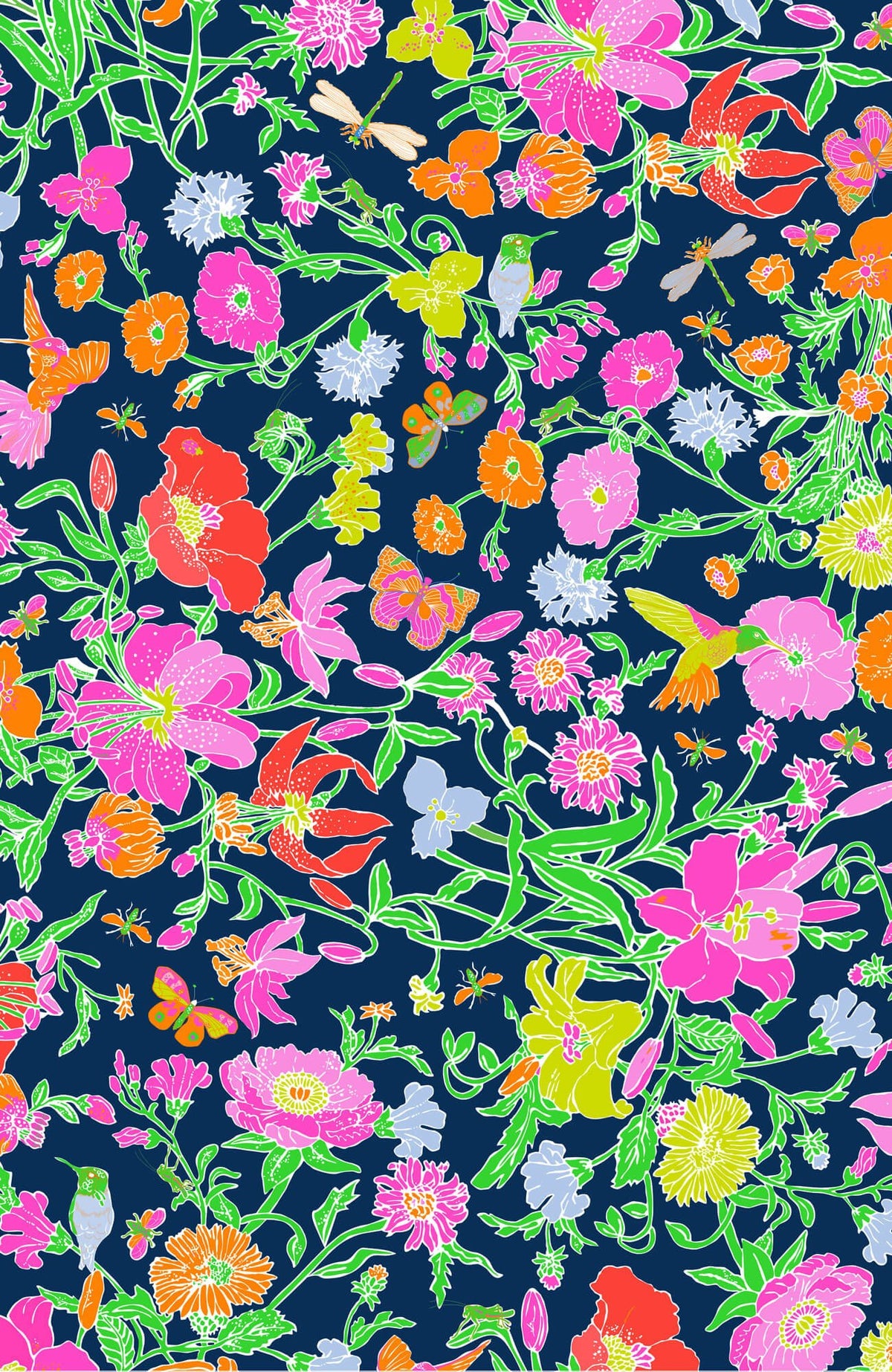 Silk Hand Embroidered Tunic - Birds & the Bees Navy Brights