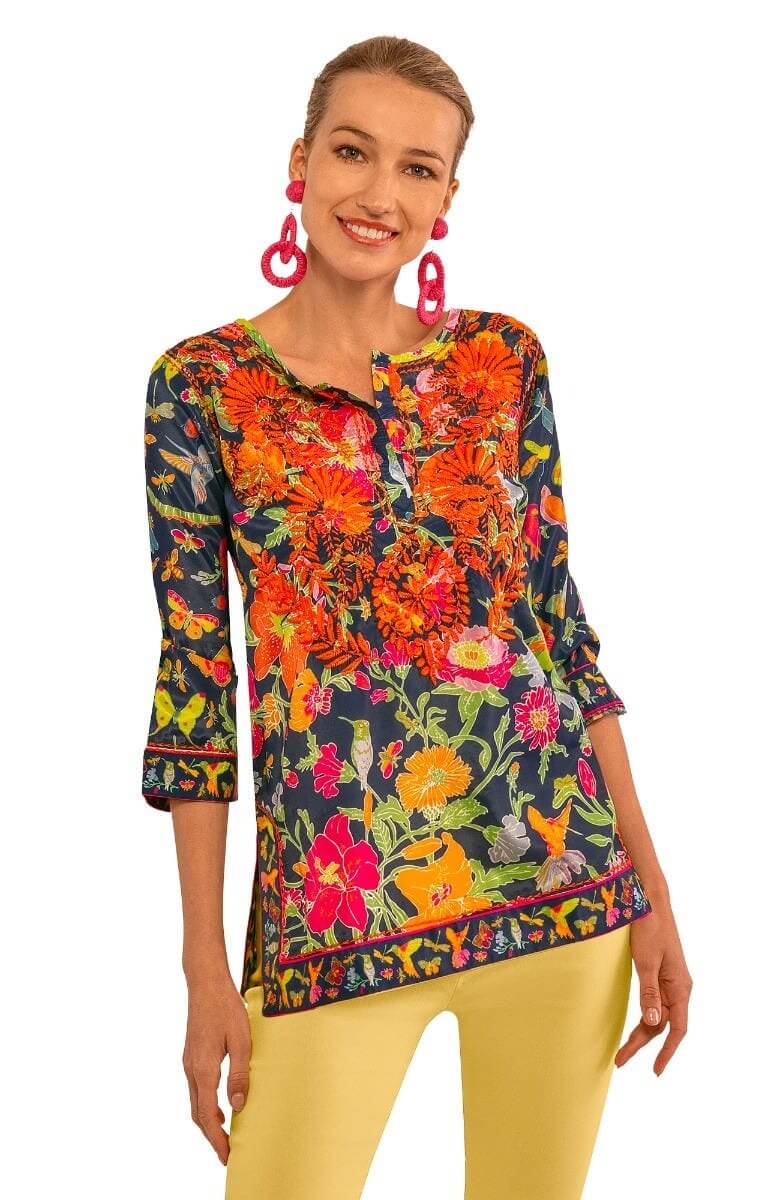 Silk Hand Embroidered Tunic - Birds & the Bees Navy Brights